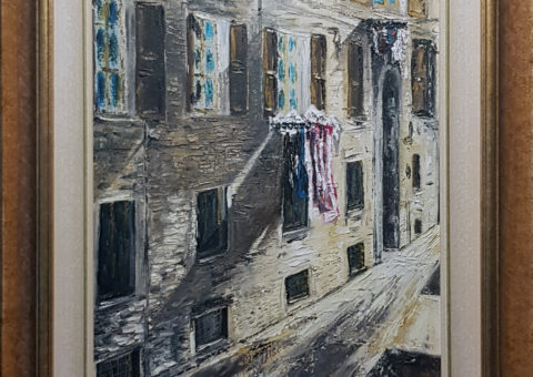 Via Resti (RE) '96 - olio su tela di iuta 40x50 cm (1996)
