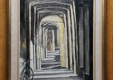 Vicino a Piazza Fontanesi (RE) - olio su tela di iuta 40x60 cm (1997)