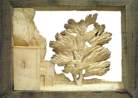 Davanti all\'Eremo - altorilievo su pino cembro 40x30 cm