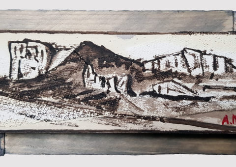 Pietra con cornice grigia 4 - olio su legno e tela 17x8 cm