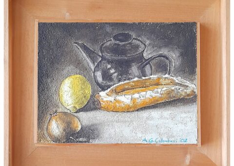Teiera, pane e .... - olio su tela 25x20 cm