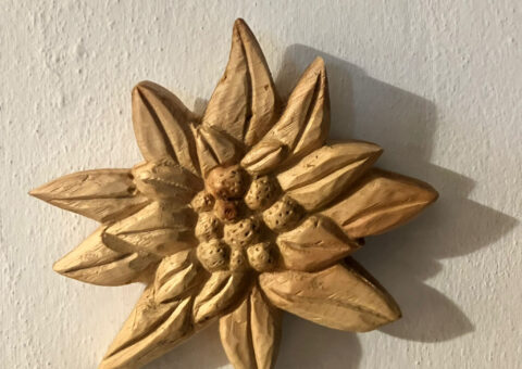 Stella alpina da appendere - scultura su cirmolo 13x15x2 cm
